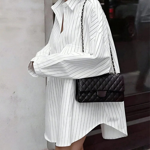 White Casual Women's Striped Large Pockets Long Sleeve Shirt - Picture 2 of 7